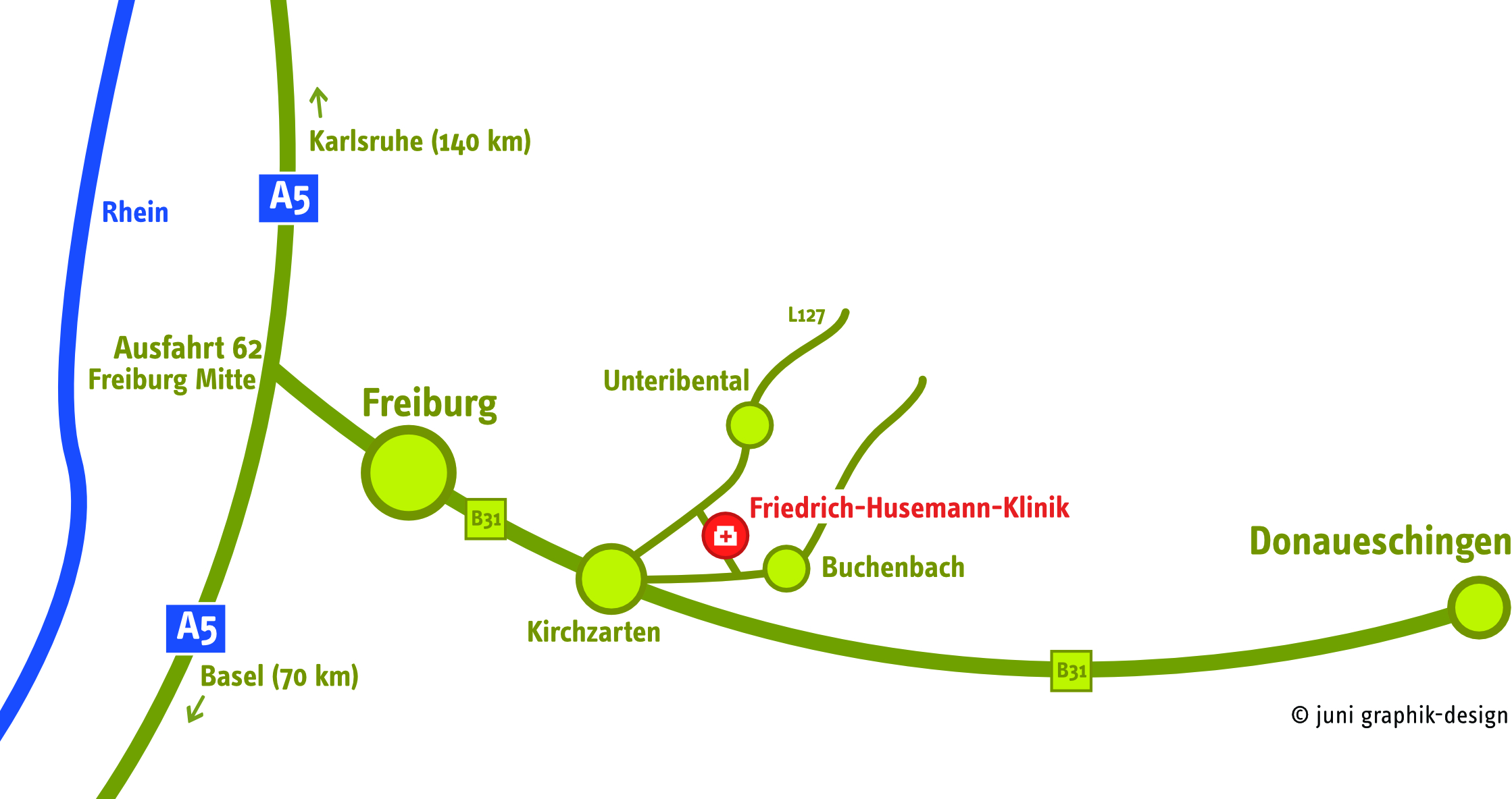 Anfahrtsskizze zur Klinik aus Richtung Freiburg oder Donaueschingen
